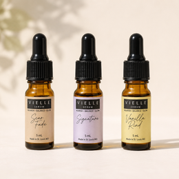 All three Vielle Serum 5 ml travel minis together: Signature Formula, Vanilla Rind, and Scar Fade, made in St. Louis MO