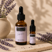 Vielle Serum Signature Formula size comparison: 1 oz full-size bottle next to 5 ml travel mini with lavender